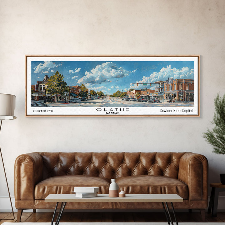 Olathe Kansas Panoramic Painting, Framed Canvas Print for Living Room, Watercolor Cityscape Art, Travel Poster, Modern Home Decor, Gift Idea