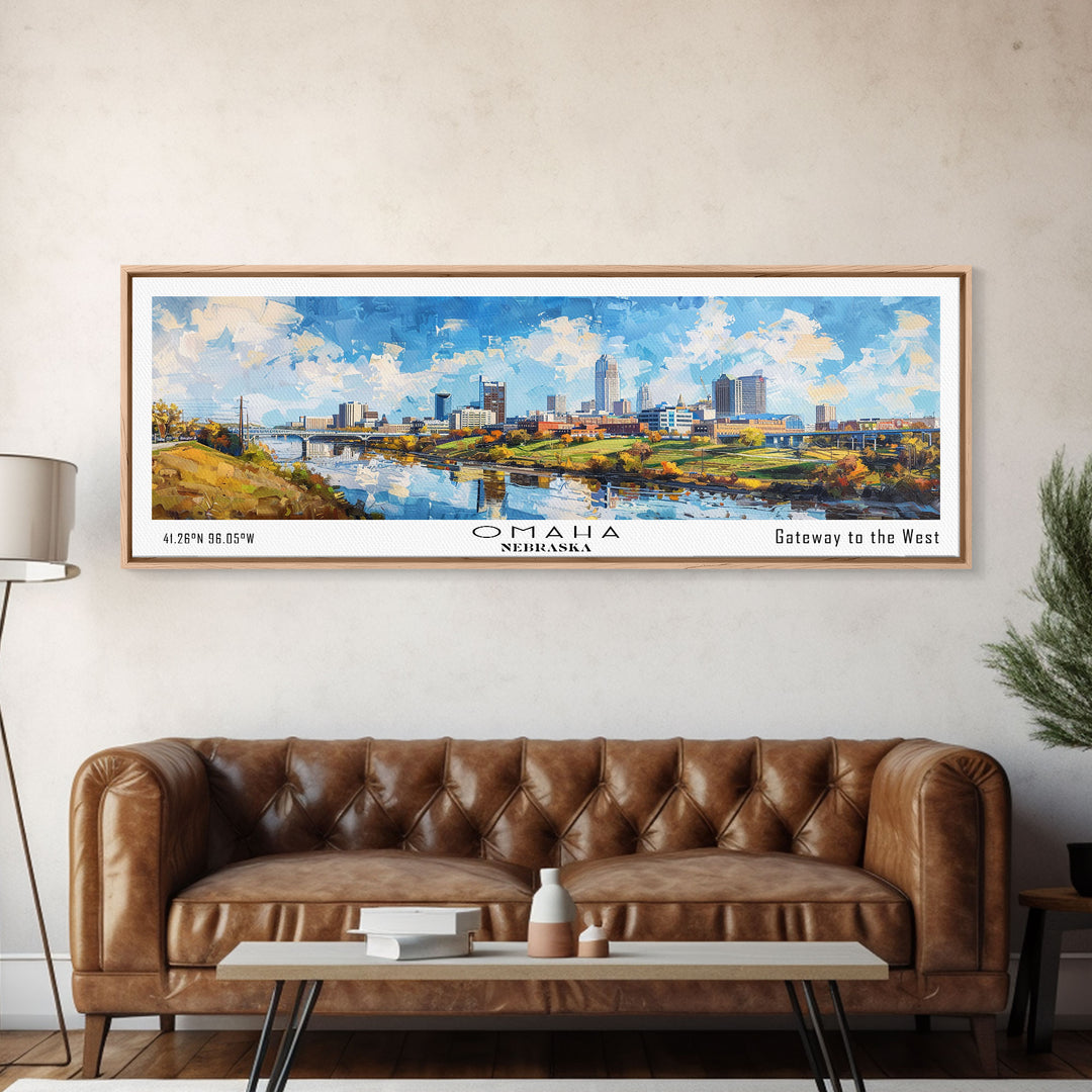 Omaha Nebraska Panoramic Framed Canvas Print, Cityscape Watercolor Painting, Travel Poster, Home Decor, Urban Gift Idea, Office Wall Art