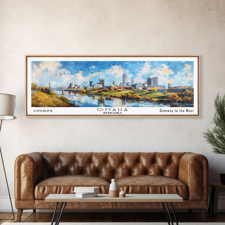 Omaha Nebraska Panoramic Framed Canvas Print, Cityscape Watercolor Painting, Travel Poster, Home Decor, Urban Gift Idea, Office Wall Art