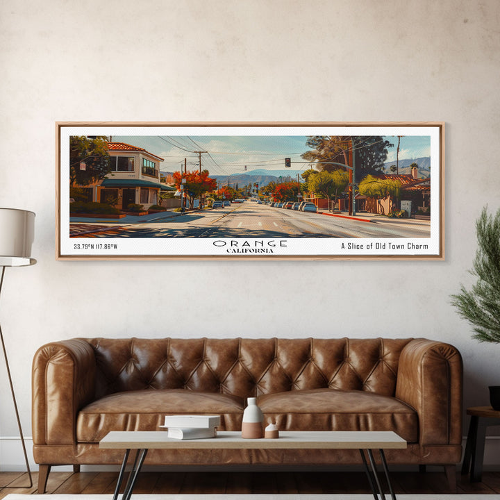 Orange California Panoramic Framed Canvas Print, Cityscape Watercolor Painting, Travel Poster for Home Decor, Urban Art, Unique Gift Idea