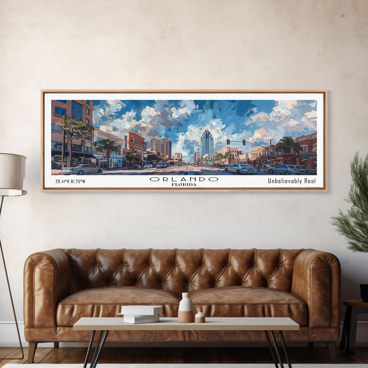 Orlando Florida Panoramic Painting, Framed Canvas Print, Beautiful Cityscape Watercolor Art, Travel Poster, Home Decor, Unique Gift Idea