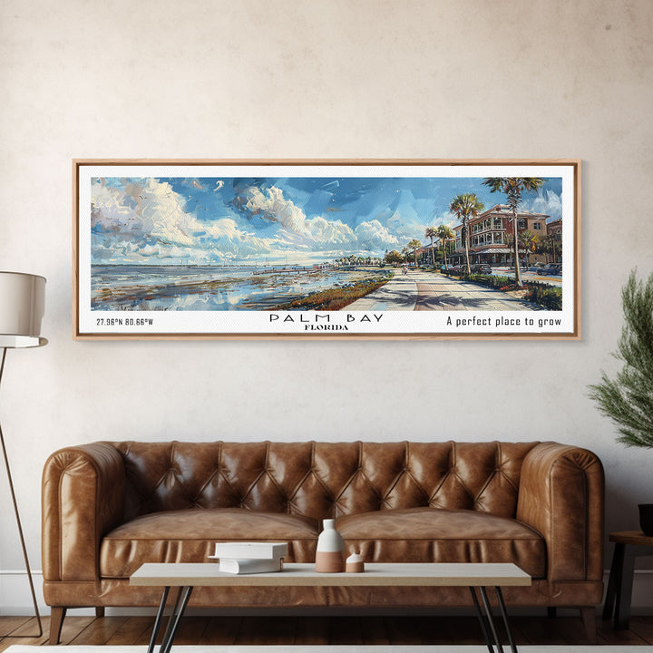 Palm Bay Florida Panoramic Framed Canvas Print, Watercolor Cityscape Art, Travel Poster, Home Decor, Urban Gift Idea, Living Room Art
