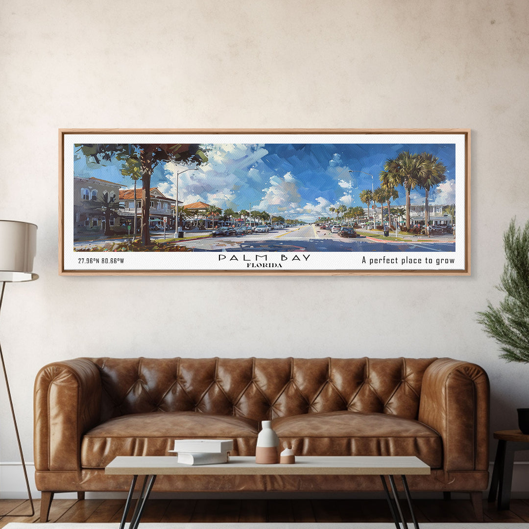 Palm Bay Florida Panoramic Painting, Framed Canvas Print, Beautiful Cityscape Watercolor Art, Travel Poster, Modern Home Decor, Unique Gift