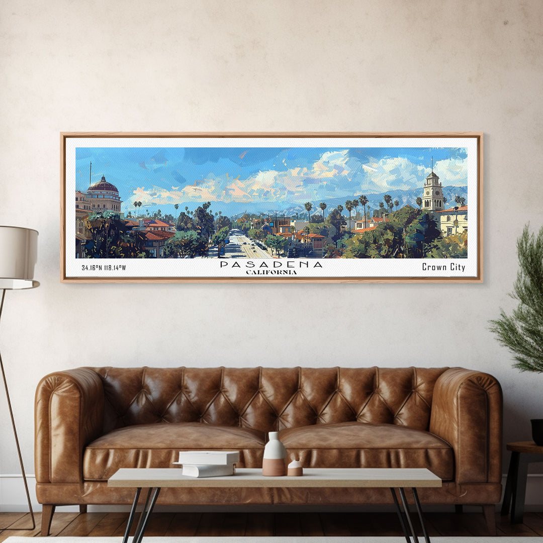 Pasadena California Panoramic Painting, Framed Canvas Print, Stunning Cityscape Watercolor Art, Travel Poster, Modern Home Decor, Unique Gift