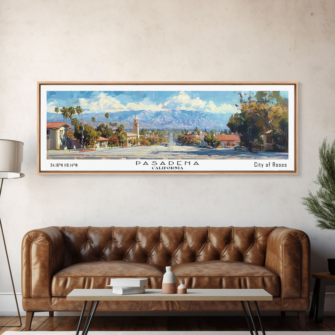 Pasadena California Panoramic Framed Canvas Print, Cityscape Watercolor Painting, Travel Poster, Home Decor, Urban Gift Idea, Office Wall Art