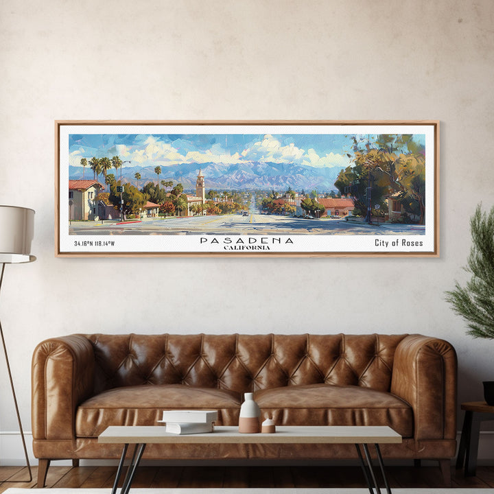 Pasadena California Panoramic Framed Canvas Print, Cityscape Watercolor Painting, Travel Poster, Home Decor, Urban Gift Idea, Office Wall Art