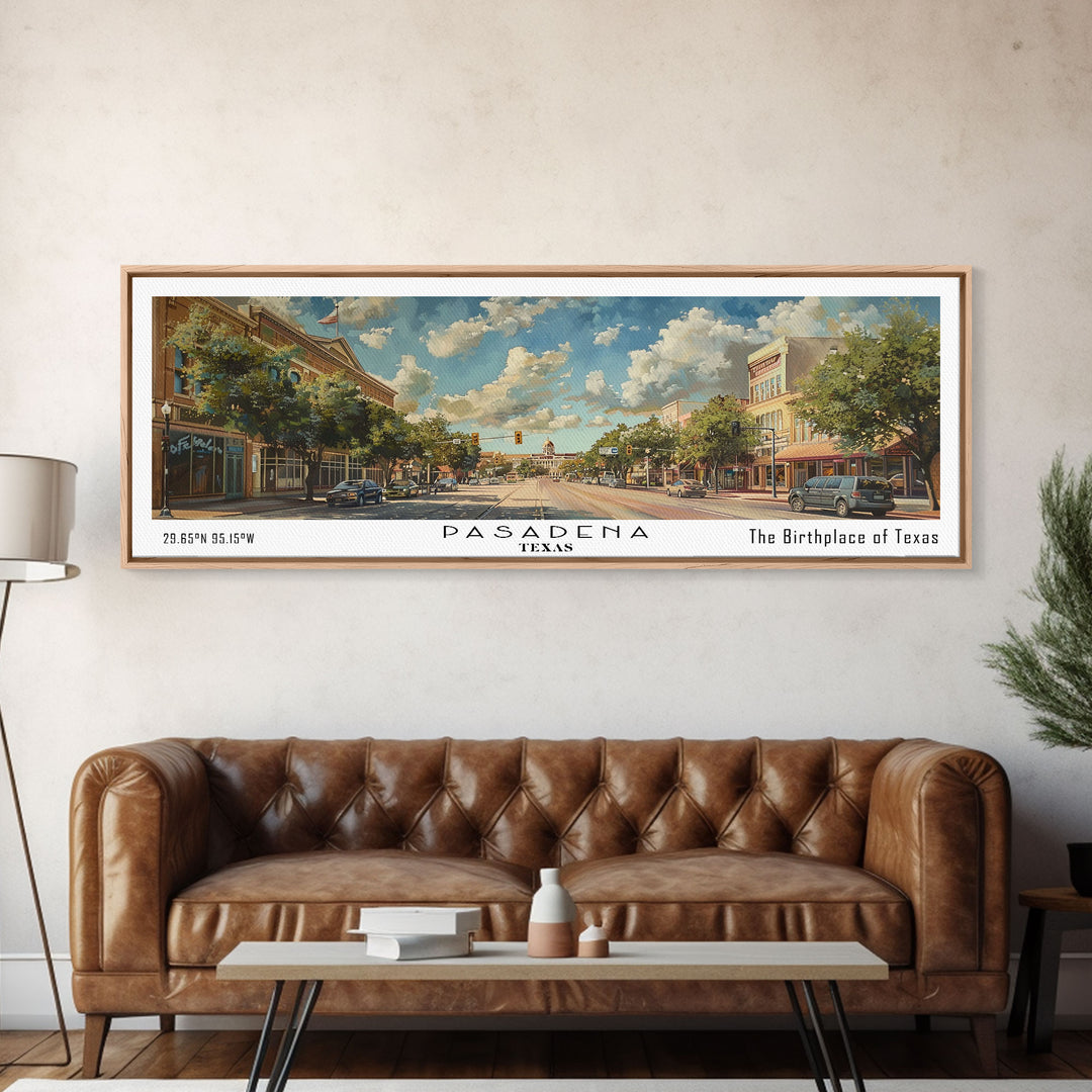 Pasadena Texas Panoramic Painting, Framed Canvas Print, Beautiful Cityscape Watercolor Art, Travel Poster for Home Decor, Unique Gift Idea
