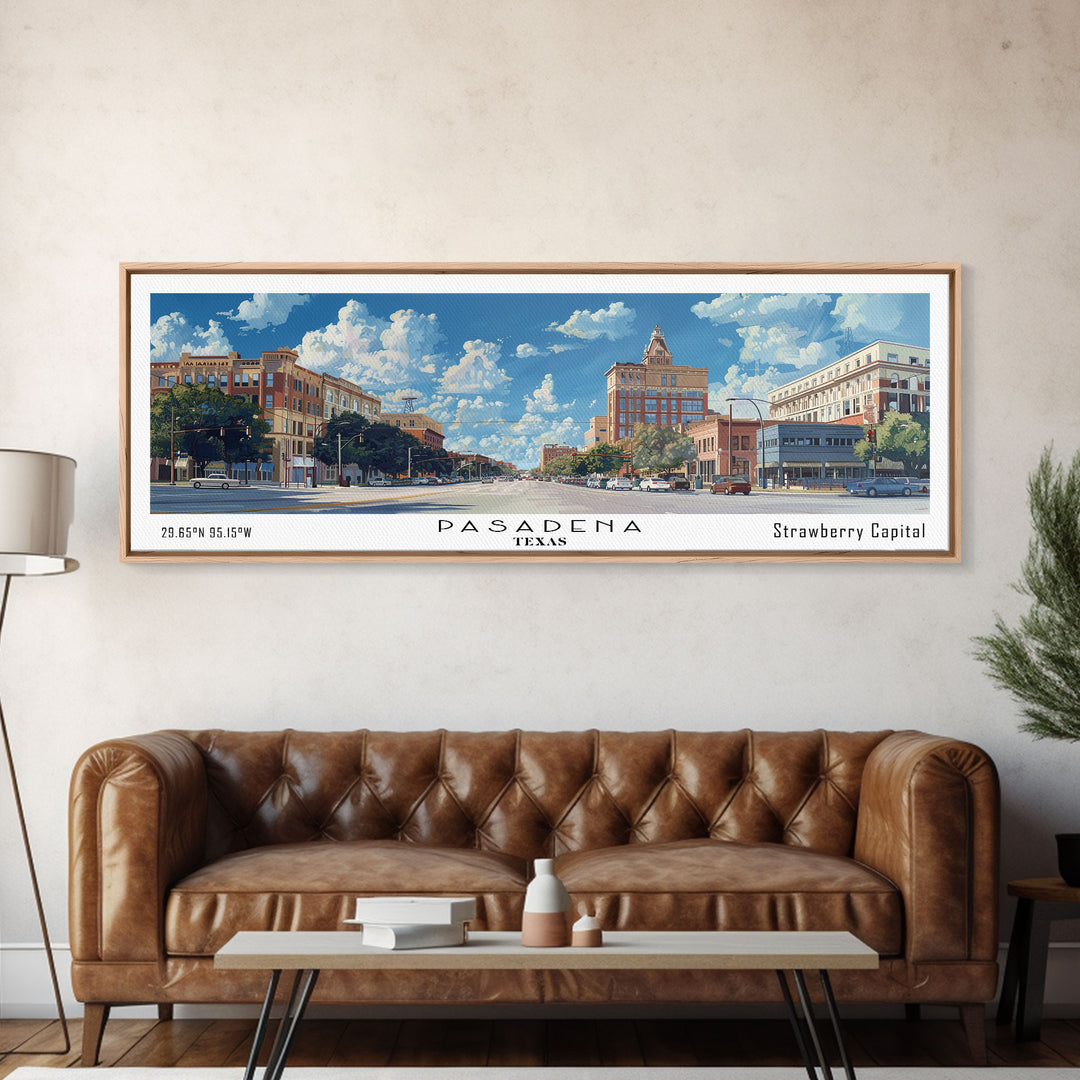 Pasadena Texas Panoramic Framed Canvas Print, Cityscape Watercolor Painting, Travel Poster, Modern Home Decor, Urban Gift Idea