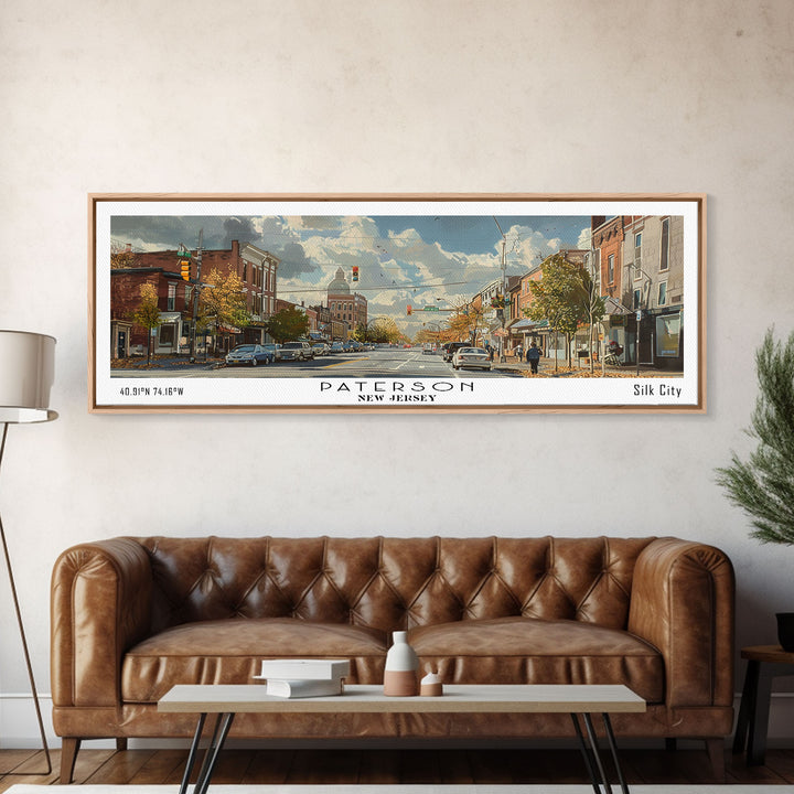Paterson New Jersey Panoramic Painting, Framed Canvas Print, Stunning Watercolor Cityscape Art, Travel Poster for Home Decor, Unique Gift