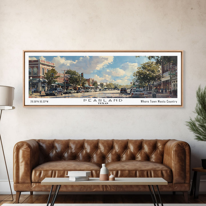 Pearland Texas Panoramic Framed Canvas Print, Cityscape Watercolor Painting, Travel Poster for Home Decor, Urban Art, Unique Gift Idea