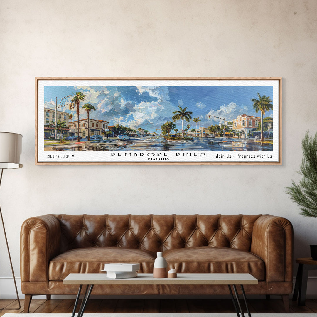 Pembroke Pines Florida Panoramic Painting, Framed Canvas Print, Beautiful Cityscape Watercolor Art, Travel Poster, Modern Home Decor