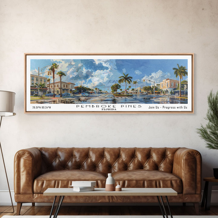 Pembroke Pines Florida Panoramic Painting, Framed Canvas Print, Beautiful Cityscape Watercolor Art, Travel Poster, Modern Home Decor