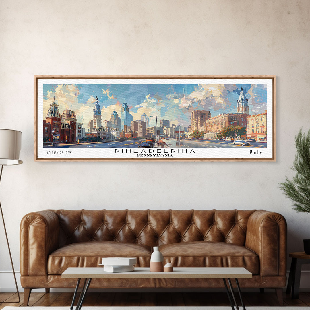 Philadelphia Pennsylvania Panoramic Painting, Framed Canvas Print, Stunning Cityscape Watercolor Art, Travel Poster, Modern Home Decor