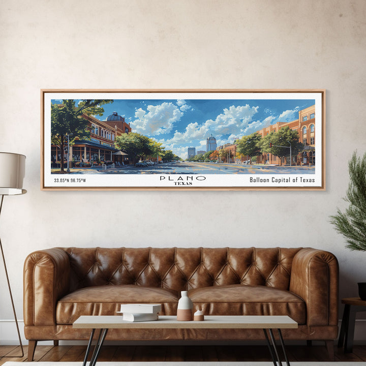 Plano Texas Panoramic Framed Canvas Print, Cityscape Watercolor Painting, Travel Poster for Home Decor, Urban Art, Unique Gift Idea