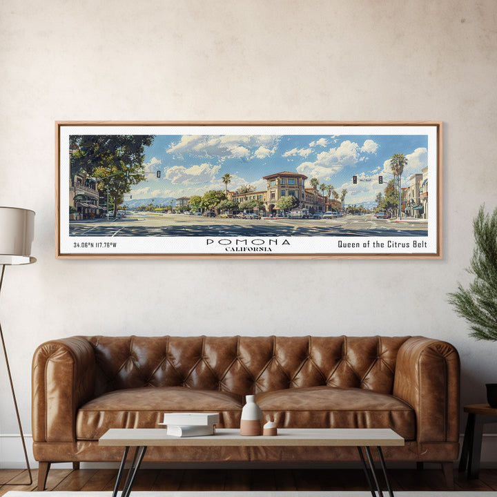 Pomona California Panoramic Painting, Framed Canvas Print, Stunning Cityscape Watercolor Art, Travel Poster, Modern Home Decor, Unique Gift