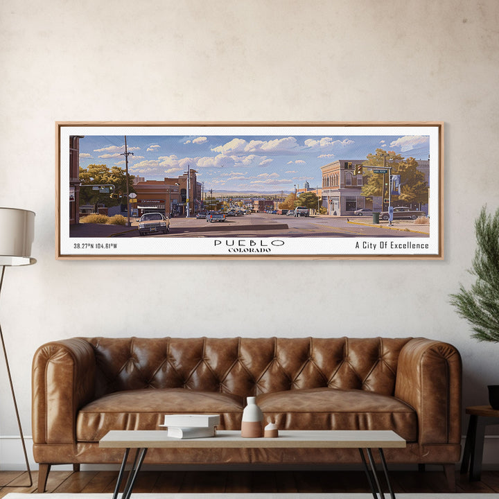Pueblo Colorado Panoramic Print, Trendy Framed Canvas Print, City Travel Poster, Home Wall Art, Living Room Decor, Artistic Gift