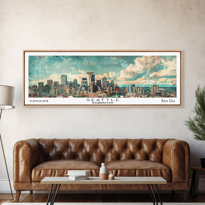 Seattle Washington Travel Poster, Framed Canvas Print, Wall Art, Home Decor, Office Decor, Living Room Art, Travel Gift, Vintage Style
