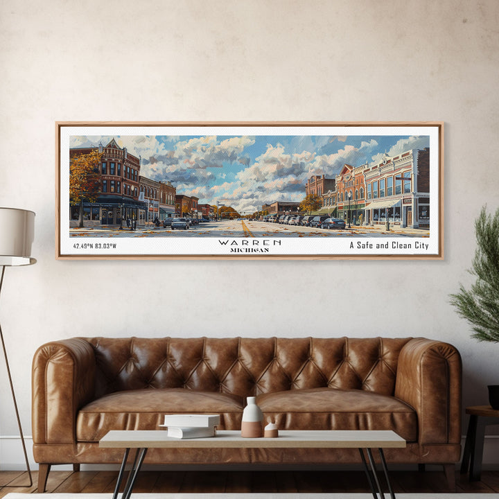 Warren Michigan Panoramic Framed Canvas Print, Vintage Travel Poster, Unique Wall Art, Artistic Home Decor, Office Gift Idea