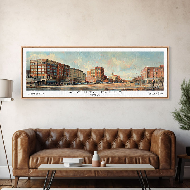 Wichita Falls Texas Panoramic Framed Canvas Print, Vintage Travel Poster, Unique Wall Art, Artistic Living Room Decor, Office Gift Idea