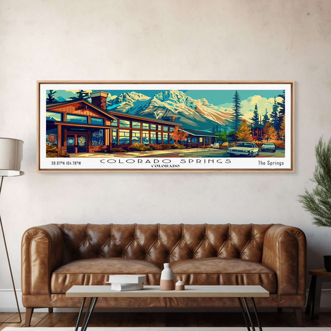 Colorado Springs Colorado Panoramic Travel Poster Framed Canvas Print, Mid Century Modern Art, Pop Art Style, Wall Art Decor, Home Decoration