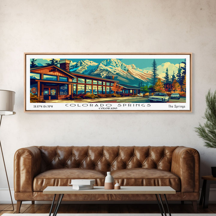 Colorado Springs Colorado Panoramic Travel Poster Framed Canvas Print, Mid Century Modern Art, Pop Art Style, Wall Art Decor, Home Decoration