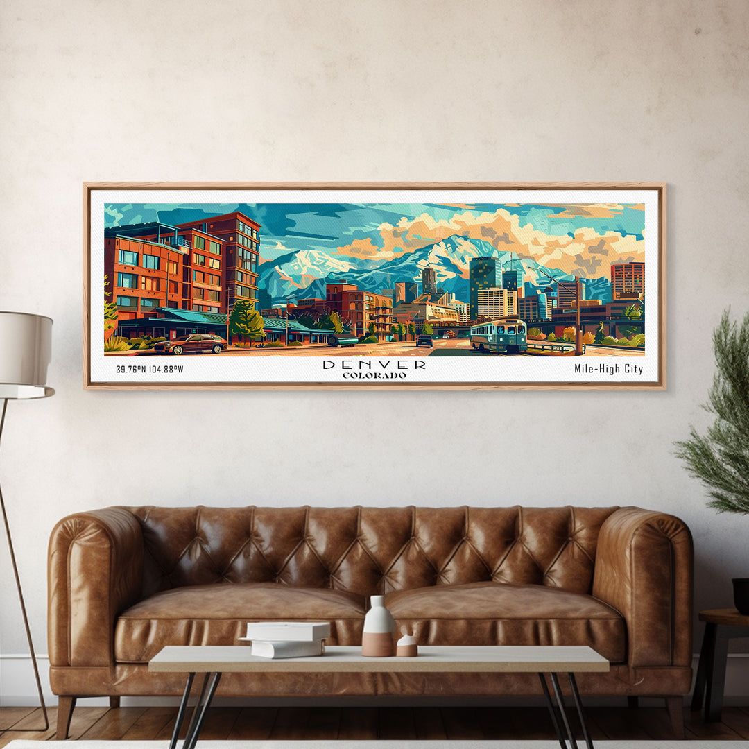 Denver Colorado Panoramic Painting Framed Canvas Print, Mid Century Modern Art, Pop Art Style, Travel Poster, Wall Art Decor, Retro Style