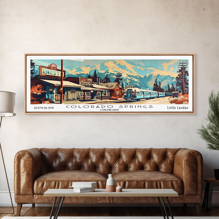 Colorado Springs Colorado Panoramic Painting, Mid Century Modern Framed Canvas Print, Retro Pop Art Travel Poster, Wall Decor, Gift Idea, Home Decor