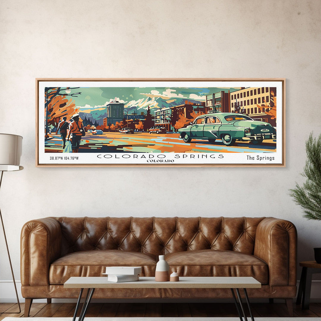 Colorado Springs Colorado Panoramic Wall Art, Retro Pop Art Framed Canvas Print, Mid Century Modern Travel Poster, Living Room Decor, Wall Hanging, Office Art
