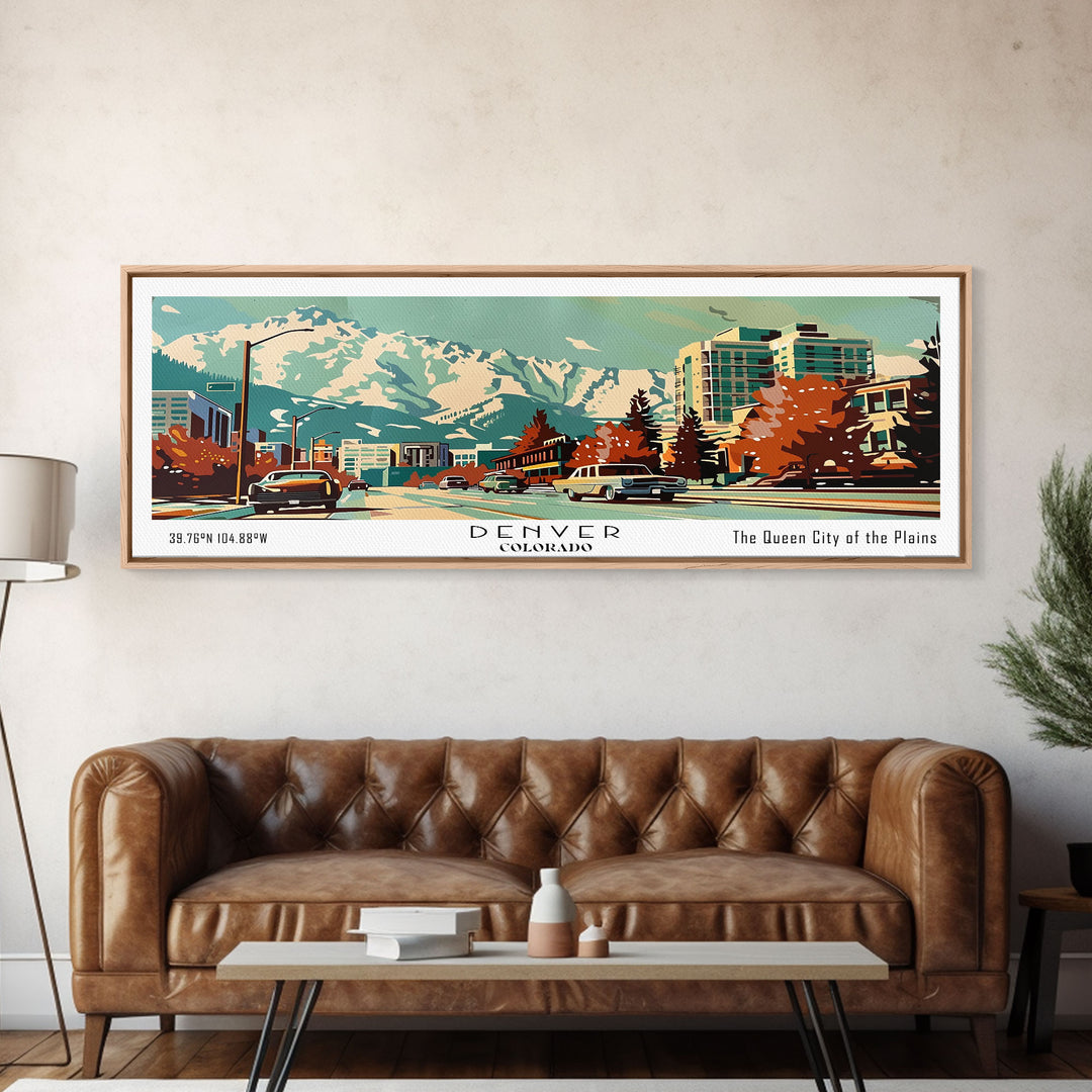 Denver Colorado Panoramic Painting, Mid Century Modern Framed Canvas Print, Retro Pop Art Travel Poster, Wall Art, Home Decor, Office Wall Art