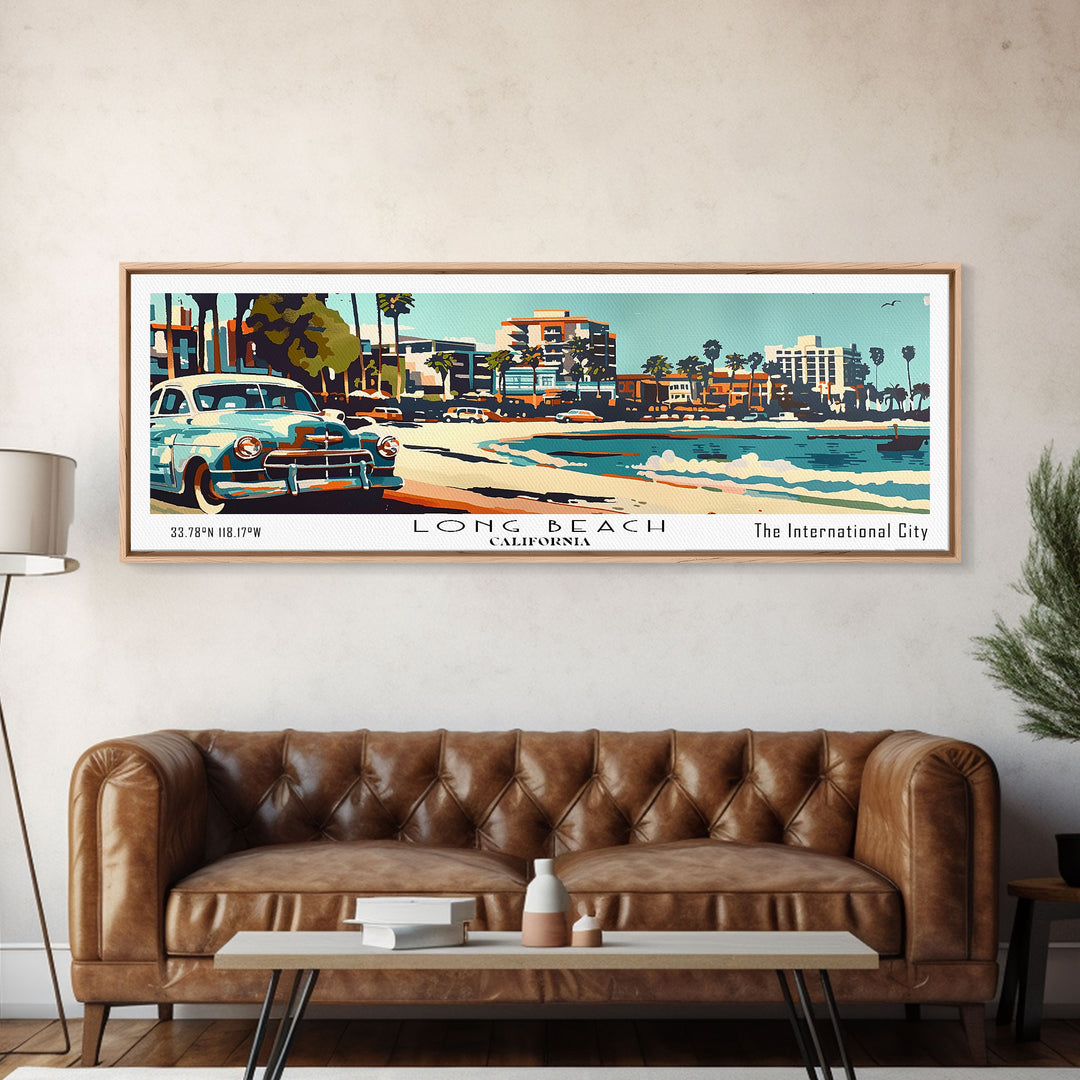 Long Beach California Panoramic Painting, Mid Century Modern Framed Canvas Print, Retro Pop Art Travel Poster, Living Room Wall Art, Home Decor, Vintage Style