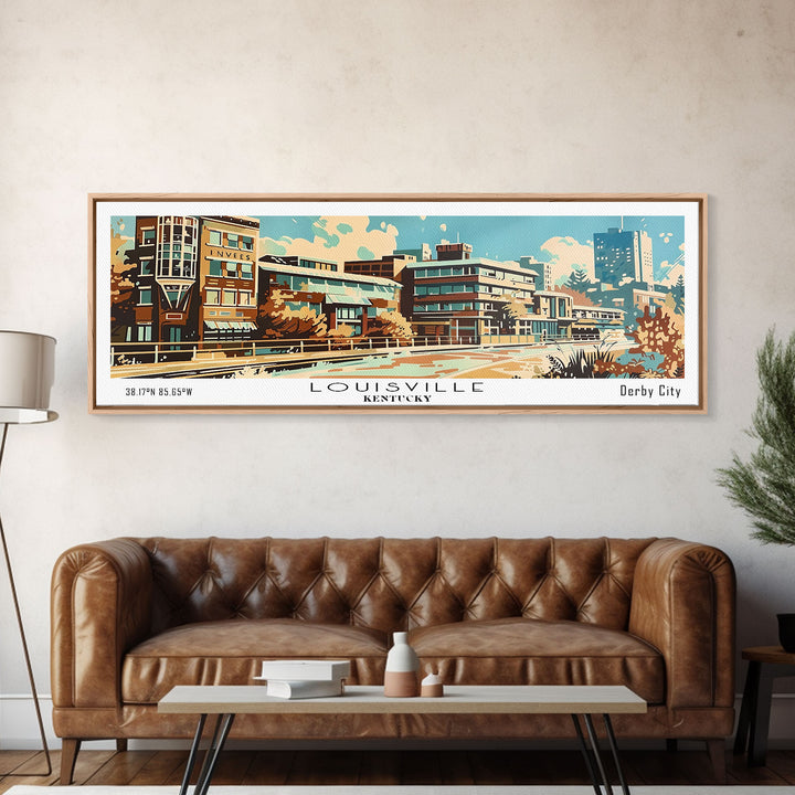 Louisville Kentucky Panoramic Painting, Mid Century Modern Framed Canvas Print, Retro Pop Art Travel Poster, Living Room Art, Home Decor, Office Decor, Vintage Style