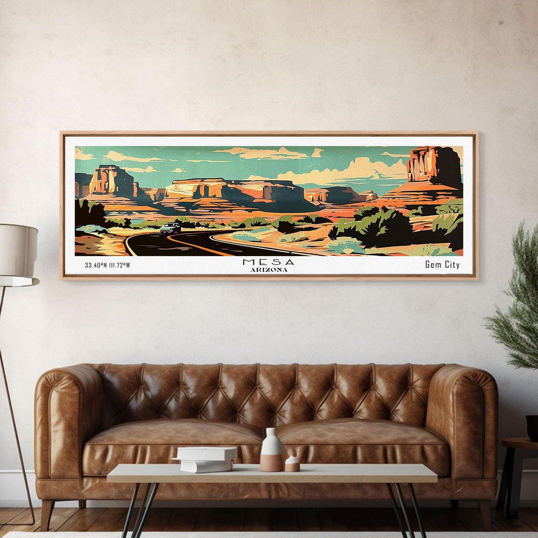 Mesa Arizona Panoramic Painting, Mid Century Modern Framed Canvas Print, Retro Pop Art Travel Poster, Living Room Art, Home Decor, Office Wall Art, Vintage Style