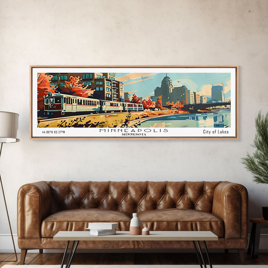 Minneapolis Minnesota Panoramic Painting, Mid Century Modern Framed Canvas Print, Retro Pop Art Travel Poster, Living Room Art, Home Decor, Office Wall Art, Vintage Style
