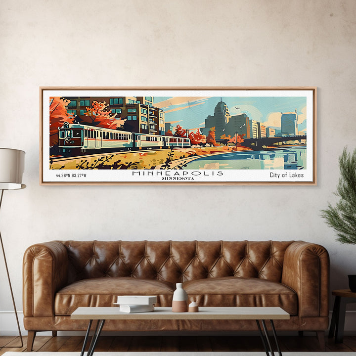 Minneapolis Minnesota Panoramic Painting, Mid Century Modern Framed Canvas Print, Retro Pop Art Travel Poster, Living Room Art, Home Decor, Office Wall Art, Vintage Style