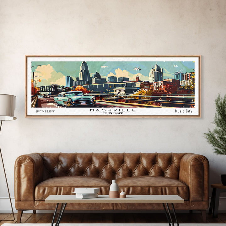 Nashville Tennessee Panoramic Painting, Mid Century Modern Framed Canvas Print, Retro Pop Art Travel Poster, Living Room Art, Home Decor, Office Wall Art, Vintage Style