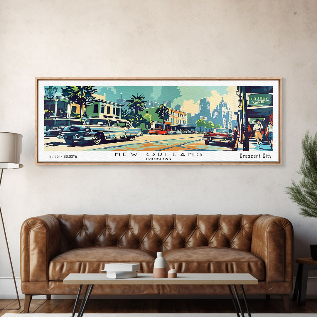 New Orleans Louisiana Panoramic Painting, Mid Century Modern Framed Canvas Print, Retro Pop Art Travel Poster, Living Room Art, Home Decor, Office Wall Art, Vintage Style