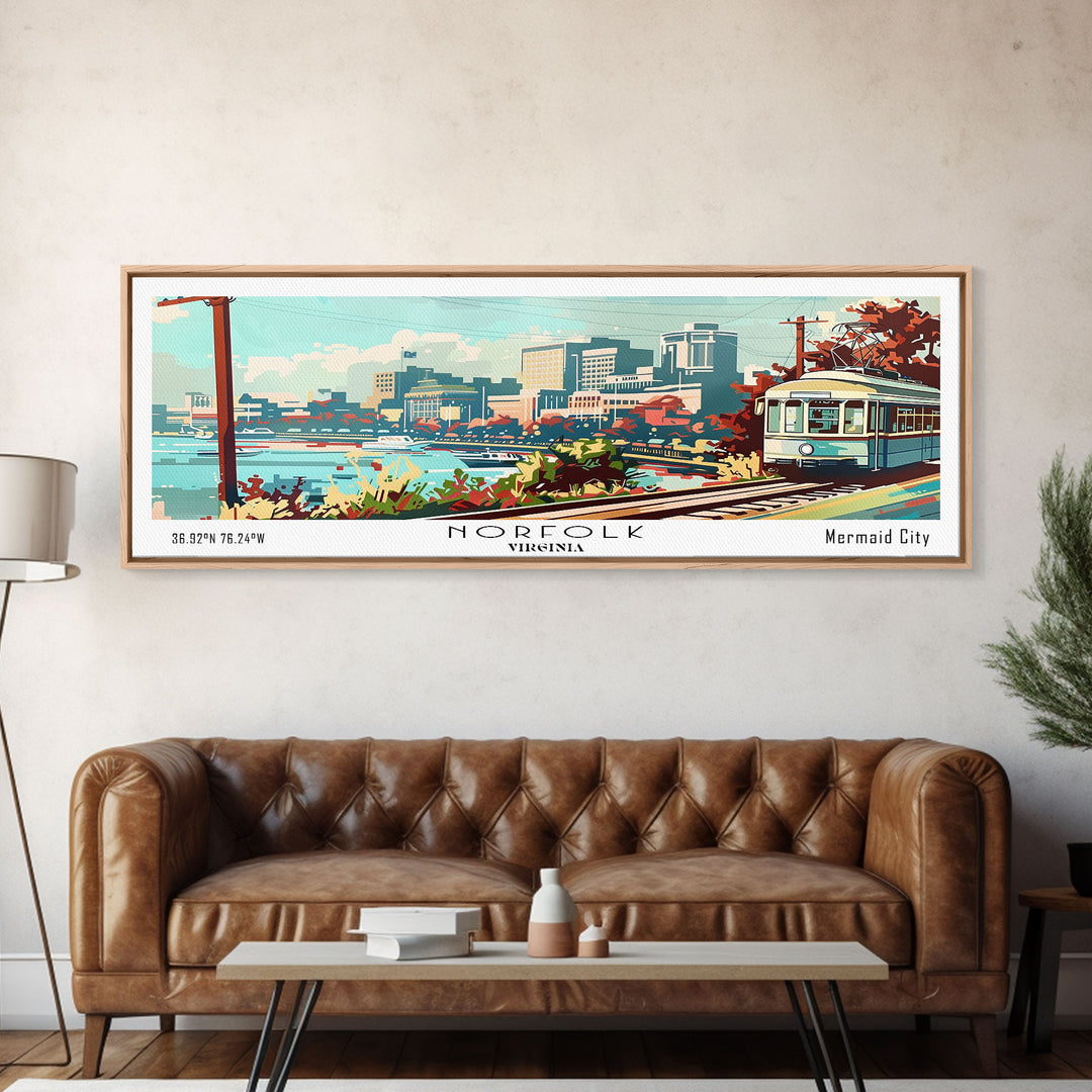 Norfolk Virginia Panoramic Painting, Mid Century Modern Framed Canvas Print, Retro Pop Art Travel Poster, Living Room Art, Home Decor, Office Wall Art, Vintage Style