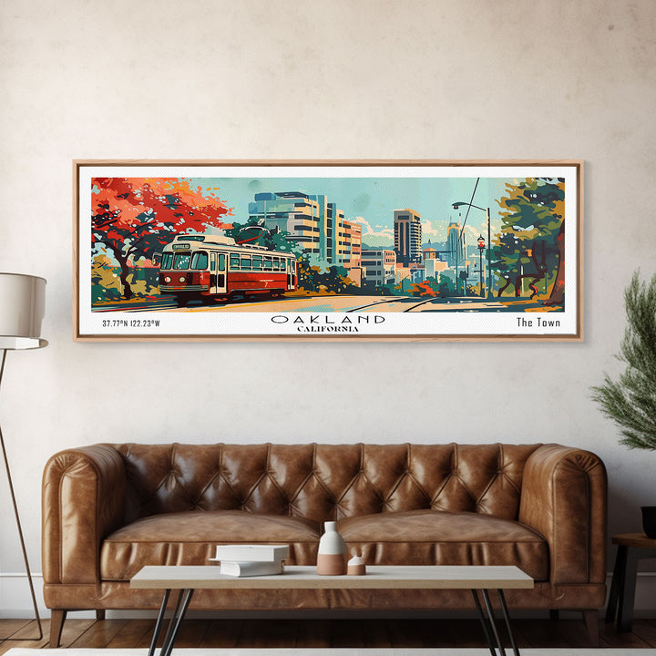 Oakland California Panoramic Painting, Mid Century Modern Framed Canvas Print, Retro Pop Art Travel Poster, Living Room Art, Home Decor, Office Wall Art, Vintage Style