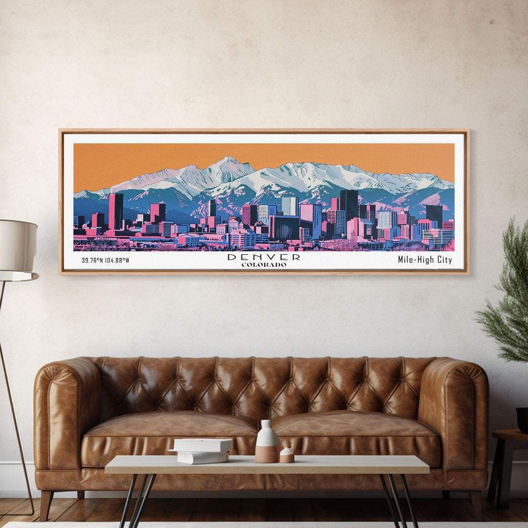 Denver Colorado Panoramic Wall Art, Mid Century Modern Framed Canvas Print, Retro Pop Art Travel Poster, City Living Room Art, Office Decor