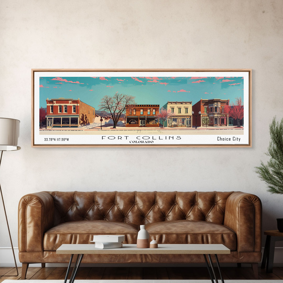Fort Collins Colorado Panoramic Painting, Mid Century Modern Framed Canvas Print, Retro Pop Art Travel Poster, Office Wall Decor