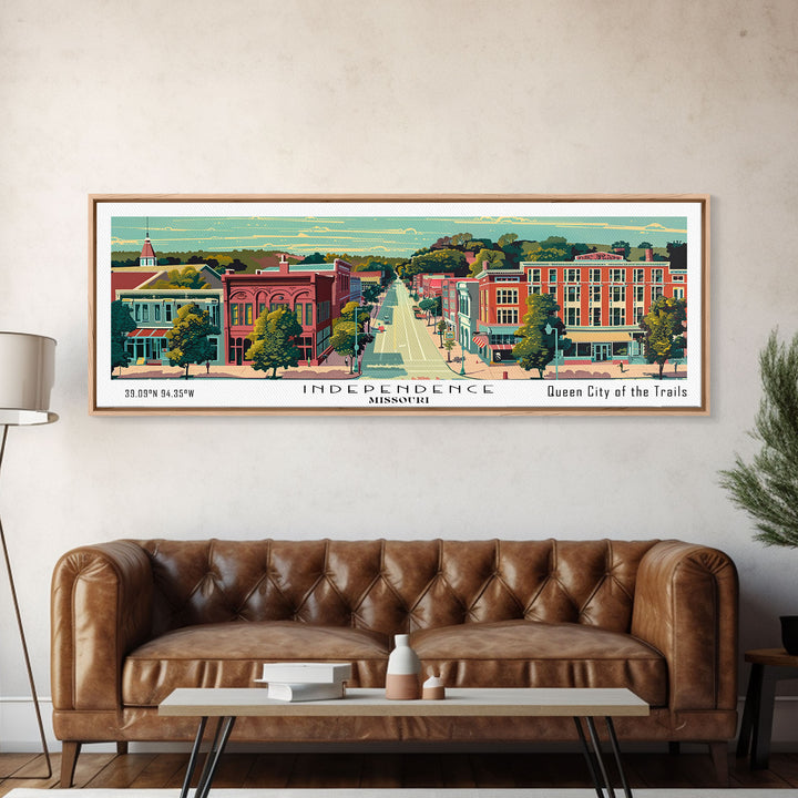Independence Missouri Panoramic Painting, Mid Century Modern Framed Canvas Print, Retro Pop Art Travel Poster, Home Decor