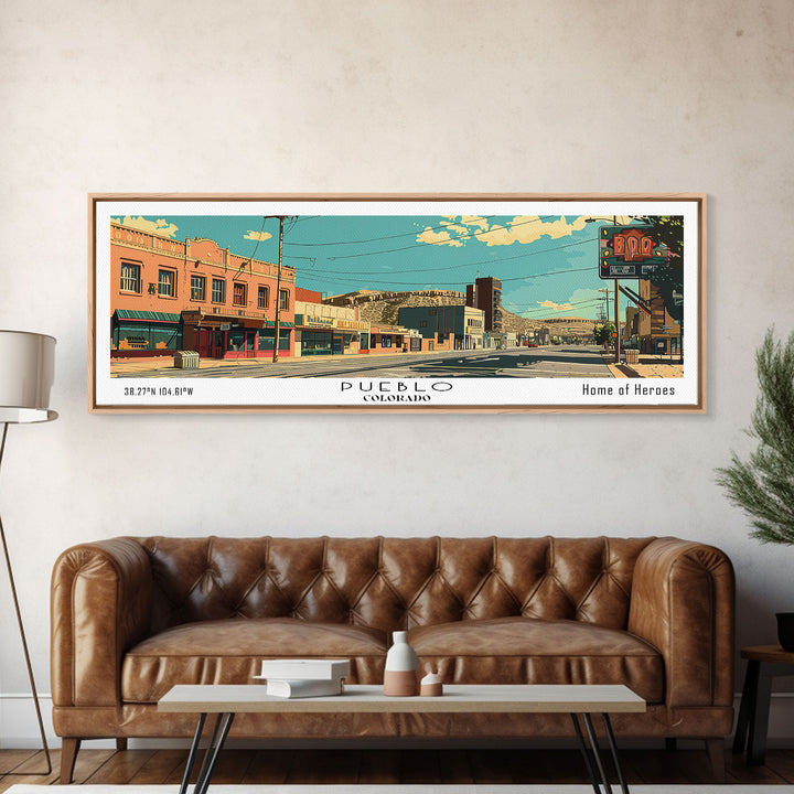 Pueblo Colorado Panoramic Wall Art, Mid Century Modern Framed Canvas Print, Retro Pop Art Travel Poster, City Art, Office Wall Decor, Living Room Art