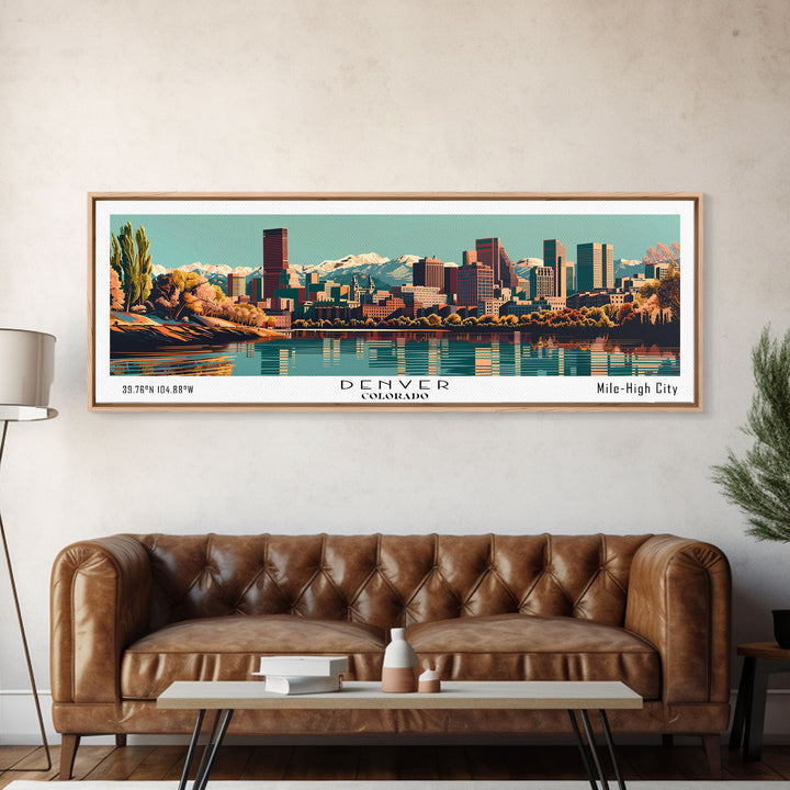 Denver Colorado Panoramic Painting, Framed Canvas Print, Mid Century Modern Wall Art, Retro Pop Art Travel Poster, Living Room Decor, City Art
