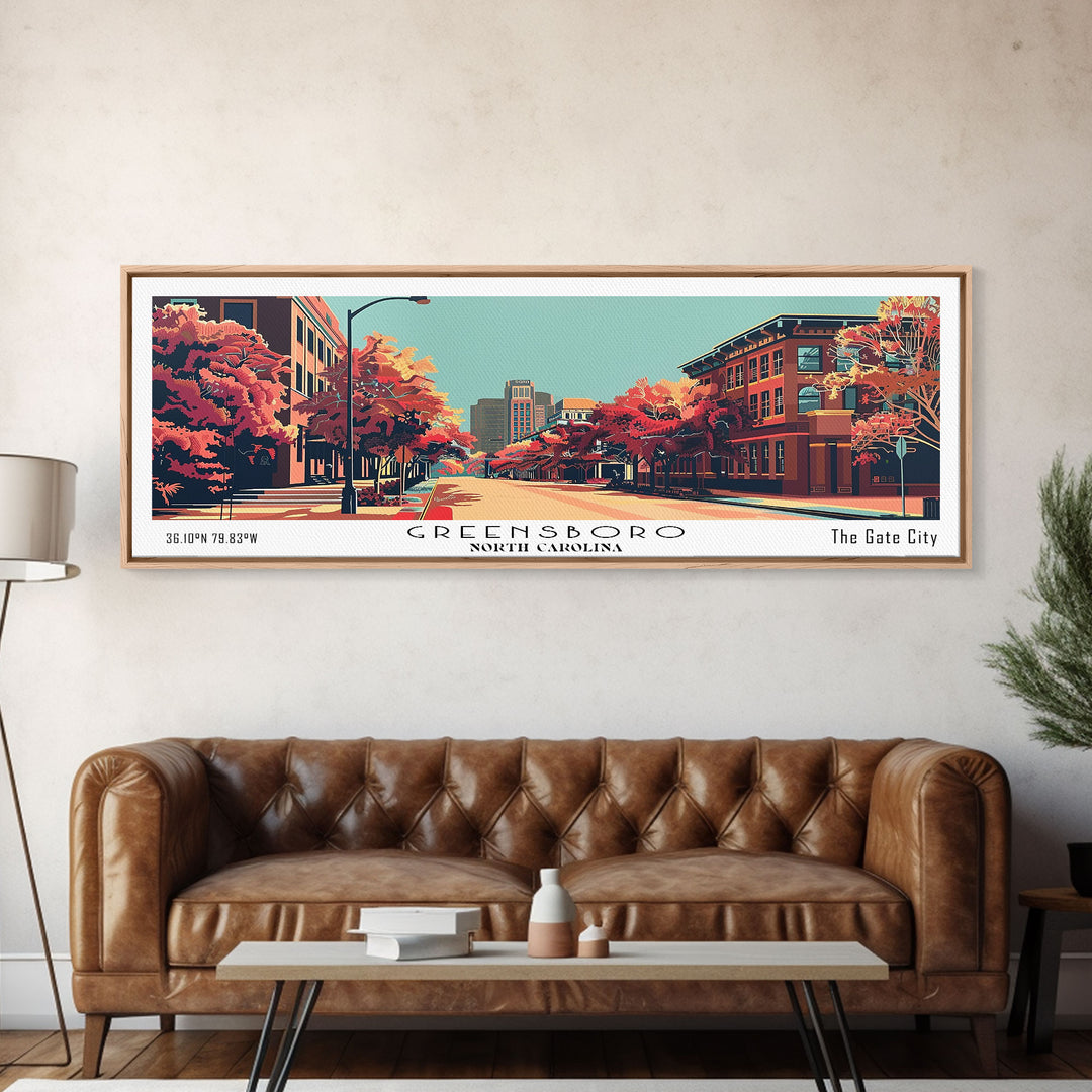 Greensboro North Carolina Panoramic Wall Art, Mid Century Modern Framed Canvas Print, Retro Pop Art Travel Poster, City Art, Living Room Decor, Home Office Decor