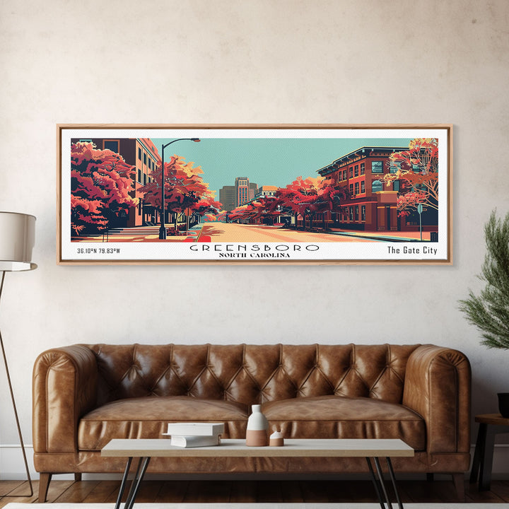 Greensboro North Carolina Panoramic Wall Art, Mid Century Modern Framed Canvas Print, Retro Pop Art Travel Poster, City Art, Living Room Decor, Home Office Decor