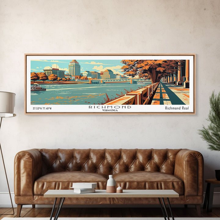 Richmond Virginia Panoramic Wall Art, Mid Century Modern Framed Canvas Print, Retro Pop Art Travel Poster, Office Decor, Cityscape Art