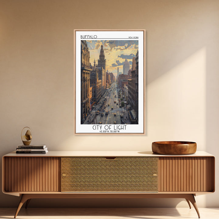 Buffalo Travel Poster, Framed Canvas Print, Travel Wall Decor, Minimalist Poster, Wanderlust Gift, Retro Travel Poster, Travel Print