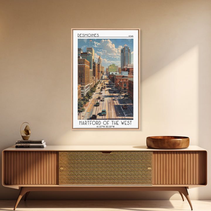 Des Moines Travel Poster, Framed Canvas Print, Travel Wall Decor, Minimalist Poster, Landscape Art, City Illustration, Travel Prints