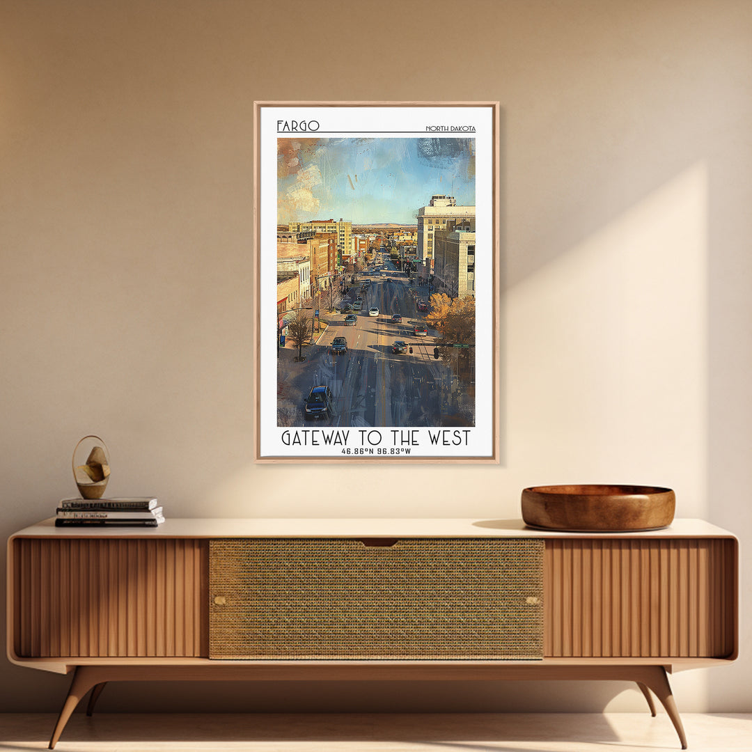 Fargo Travel Poster, Framed Canvas Print, Retro Travel Poster, City Wall Art, Travel Print, City Travel Poster, Watercolor Cityscape