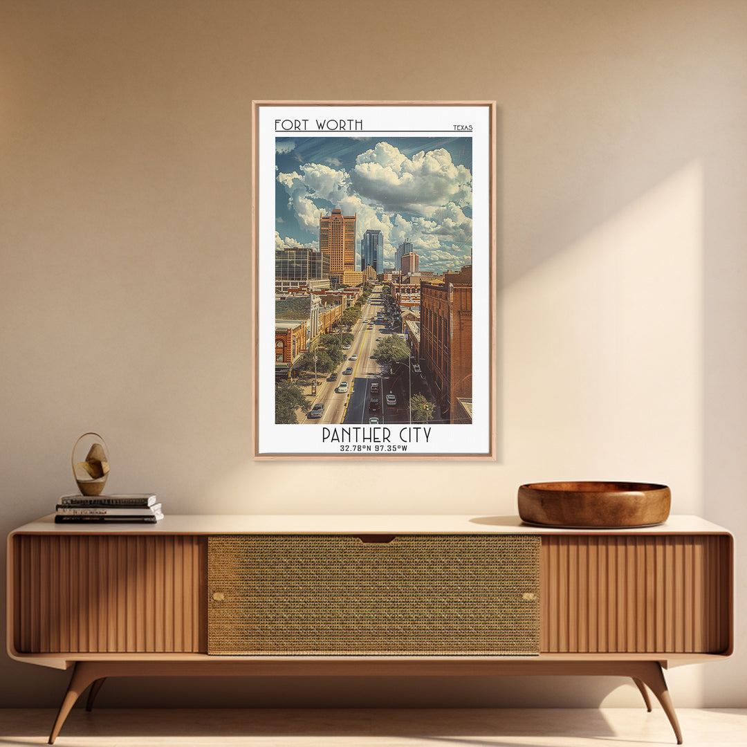 Fort Worth Travel Poster, Framed Canvas Print, Travel Wall Art, City Wall Art, Colorful Wall Art, City Illustration, Wanderlust Gift